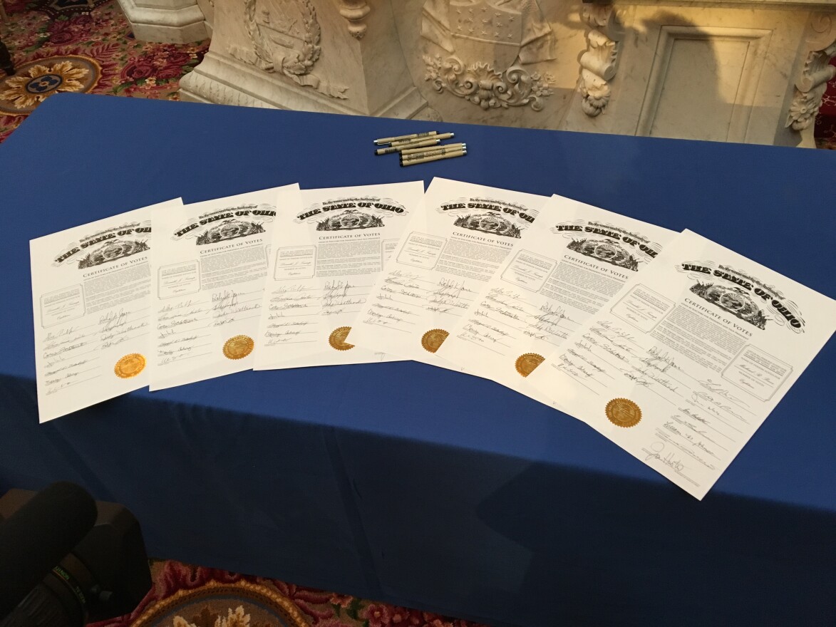 Certificates of votes signed in December 2018 by Ohio's 18 electors after they voted to award them to Donald Trump, who won Ohio by 8 points.